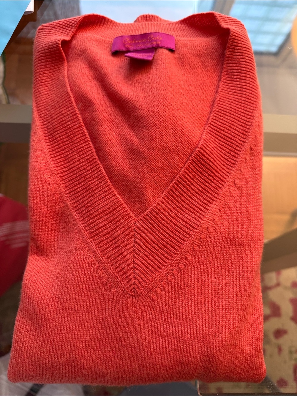 Cashmere Cache 2 ply Cashmere V Neck Orange Sweater. Size Medium.